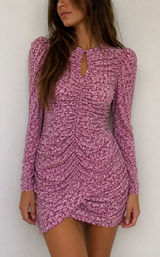 Bardot Pink Floral Ruched Mini Dress Keyhole Long Sleeve XS Fairycore Boho Photo 0