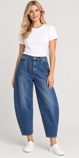 Style & Co Curved Leg Barrel Jeans Medium Blue Wash Denim 14 Petite Photo 0