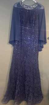 SLNY Women 6 Navy Blue Lace Sequin Evening Gown Cape Sleeve Formal Dress Photo 0
