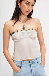 FREE PEOPLE Ember Glow Tube Top Ivory Embroidered Flower trim Pintuck Going Out Photo 0