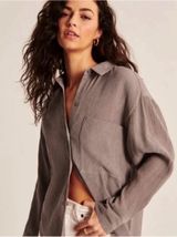 Abercrombie & Fitch Oversized Crinkle Gauze Rayon Button Down in Taupe Photo 0