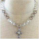 Sterling silver 925 Cross Pendant Frosted Glass Bead Necklace Photo 0