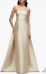 NEW Alfred Sung Strapless Satin Twill Column Gown Removable Train Sz 0 Champagne Photo 0