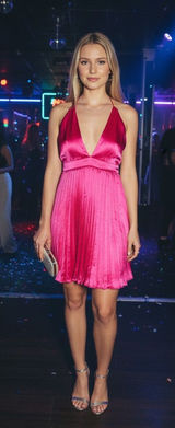 Sincerely Jules satin Deep V Neck Accordion Pleated Hot Pink Satin Dress Xs Photo 0