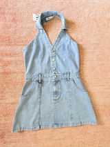 Zara Denim Halter Mini Dress Light Wash Sleeveless Button Front Size M NWT Photo 0