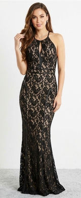 Xscape Women Formal Dress 6 Black Lace Halter Neck Keyhole Maxi Evening Gown Photo 0