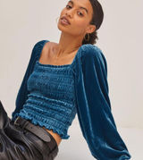 Anthropologie Smocked Puff Sleeve‎ Blue Velvet Square Neck Long Sleeve Top Photo 0
