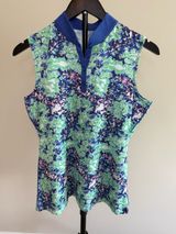 EP‎ New York Women's Sleeveless Mock Neck Floral Bluebell Golf Polo- M Photo 0