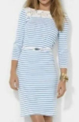 Lauren Ralph Lauren Striped Lace Yoke Dress Blue White Nautical Cotton Sheath M Photo 0