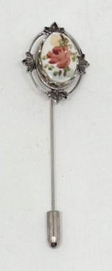Vintage 1960s Silver Tone Floral Hand Painted Ceramic Plate Stick Pin Brooch Photo 0