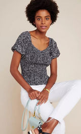 Anthropologie Aurelia Smocked Shirt Puff Short Sleeve Black White Size Large‎ Photo 0