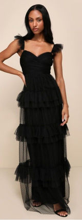 Lulus Pure Radiance Black Mesh Swiss Dot Tier Maxi Dress Size medium Whimsigoth Photo 0