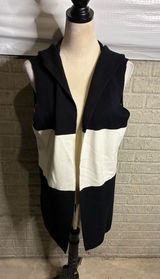 Sioni‎ Hooded Sleeveless Vest Black White Color Block Long Cardigan Knit Photo 0