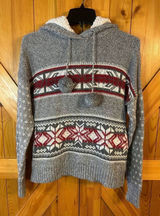 Yes Lola Hooded Cropped Knit Sweater Gray Lined Hood Pom Poms Size Large (5365) Photo 0