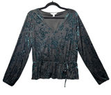 Lauren Conrad Womens Large Black‎ Teal Burnout Velvet Floral Peplum Wrap Blouse Photo 0