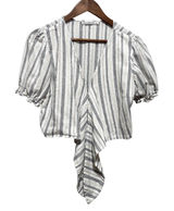 Abercrombie Women Cottagecore Coastal Tie Front Crop Top L White Striped Linen Photo 0