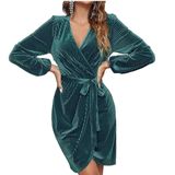 MEROKEETY Teal Ribbed Velvet Wrap Dress Long‎ Sleeve Tie Waist Size Large Photo 0
