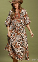 Umgee Abstract Print Midi Dress - Brown Mix - Large Photo 0