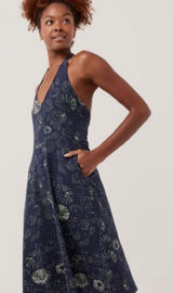 PACT Organic Cotton Halter Sleeveless‎ A-Line Blue & Green Midi Dress Size Small Photo 0