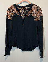 Free People Black Peach Floral Lace Embroidered Henley Long Sleeve Top Medium Photo 0