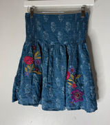 Natural Life Blue Floral Embroidered Smocked Waist Mini Skirt Small Boho Photo 0