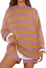 NEW 2 Pc Oversized Sweater Lounge Set Striped Long Sleeve Shorts L Photo 0