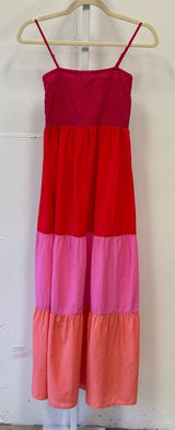 LOFT Outlet Colorblock Smocked Tiered Maxi Dress Red Pink XS Boho Cotton Summer Photo 0