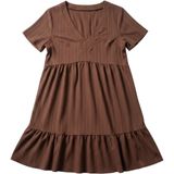 Brown V-Neck Babydoll Tiered‎ Short Sleeve Mini Dress Boho Relaxed Fit Large Photo 0