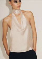 Zara Cream Satin Halter Cowl Top with Fringe Photo 0