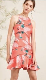 Keepsake Wild Thoughts Coral Floral Tiered Ruffle Dress 6 Pink High Neck Small Photo 0