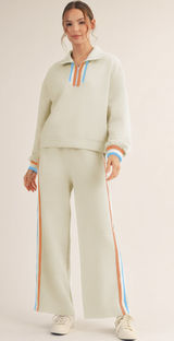JODIFL Striped Detail Quarter-Zip Pullover and Straight Leg Sweatpants Matching Set Cream Multi Photo 0