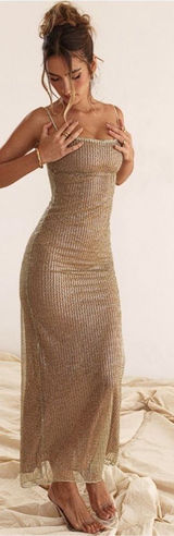 NWOT House of CB 'Alondra' Cafe Au Lait Beaded Maxi Dress sz L Photo 0