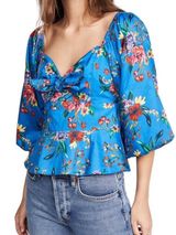 Parker Iggy Blue Floral Peplum Puff Sleeve Tie Front Blouse Size Small Photo 0