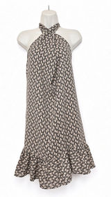 EMERY ROSE Size S Halter Mini Dress Beige Black Geometric Print Ruffle Hem Photo 0