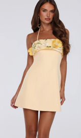 Angel Biba Strapless Floral Appliqué Mini Dress in Pale Yellow Photo 0