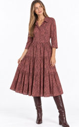 Morris & Co x H&M 6 William Morris Floral Tiered Midi Shirt Dress Burgundy Fall Photo 0
