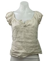 Brandy Melville Beige 100% Linen Short Sleeve Tie Back Henley Blouse Top Size M Photo 0