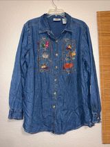 Vintage 90s Denim Shirt Pumpkin Embroidered Jean Shirt cottagecore granny teach Photo 0