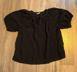 LOFT Black Clip Dot Puff Sleeve Blouse Top Size Large L Textured Peasant Shirt Photo 0