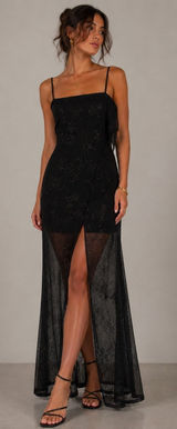 Next Up Maxi Dress Womens XL Black Mesh Glitter Floral Slit‎ Y2K Whimsigoth Goth Photo 0