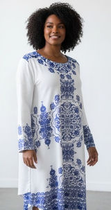 White Long-Sleeve Porcelain Style Baroque & Mandala Printed Tunic Dress Photo 0