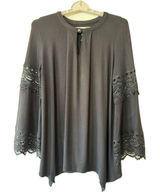 Black Boho‎ Bell Sleeve Tunic Top Lace Trim Flowy Romantic Western Witchy M Photo 0