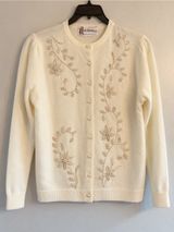 Mademoiselle Cardigan Women 42 US 8 Cream Excellent Vintage Floral Beaded Pearl Photo 0