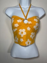 Pretty Garbage Floral‎ Halter Sweater Top Large Yellow Daisy Knit Retro Festival Photo 0