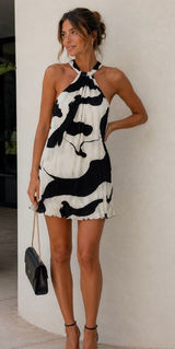 Rosa Clothing Halter Neck Pleated Mini Dress Black/White New Medium Photo 0