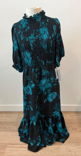 London Times Teal Black Floral Smocked Maxi Dress Puff Sleeve T6020M NWT Size 8 Photo 0