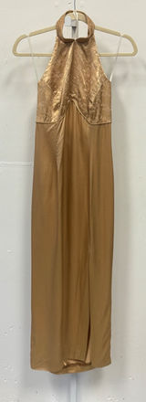 Vintage Jessica McClintock Gunne Sax Gold Satin Halter Maxi Dress Embroidered Photo 0