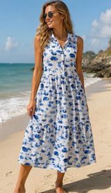 Rachel Zoe Blue White Tropical Fish Starfish Print Tiered Midi Shirt Dress XL Photo 0