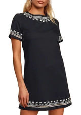 Lulus Black Short Sleeve Embroidered Crew Neckline‎ Mini Shift Dress Size S Photo 0