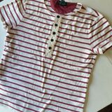 Lauren Ralph Lauren Women's Top Medium Red Cream Striped Cotton Button Nautical Photo 0